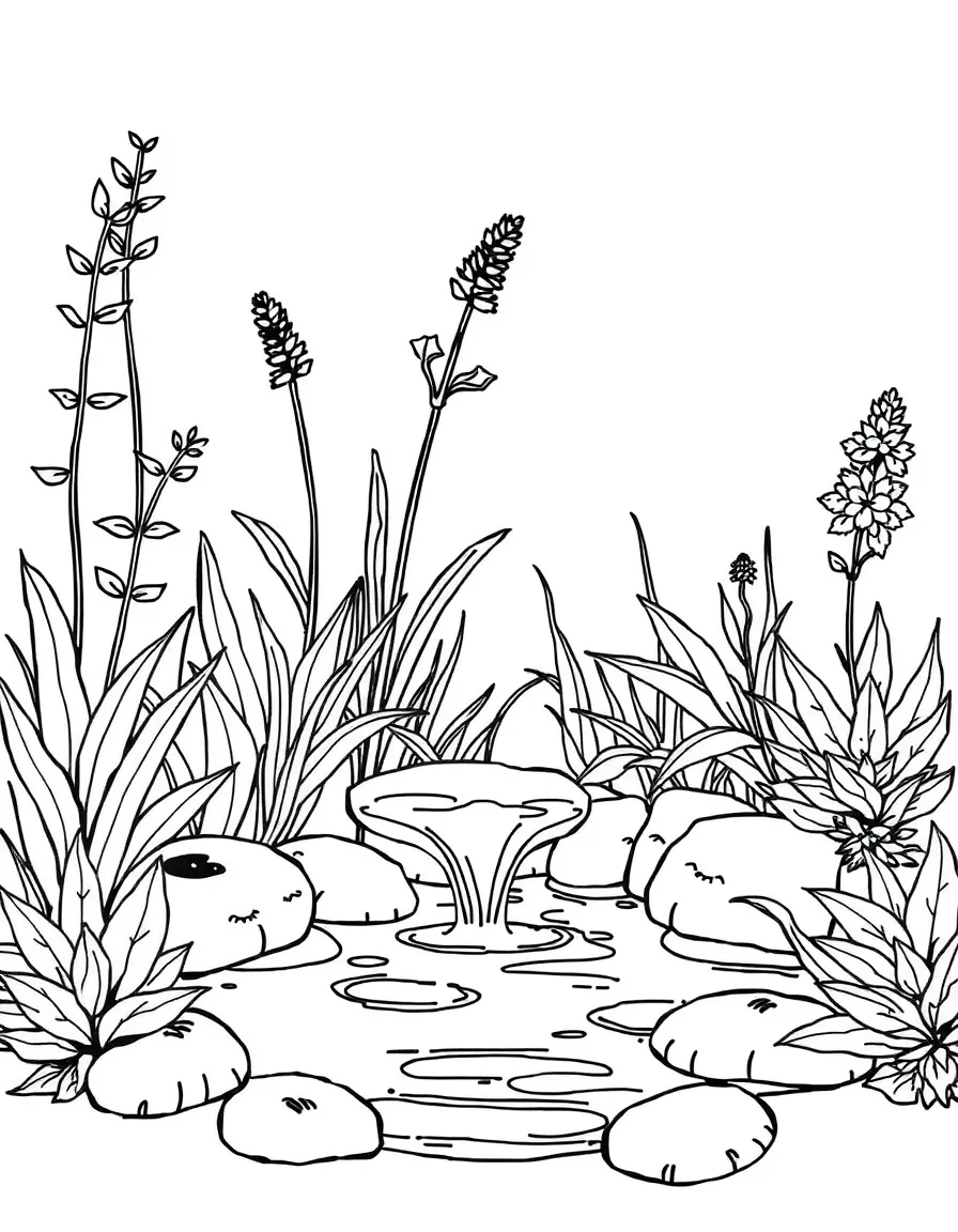Plants growing in harmony with water features