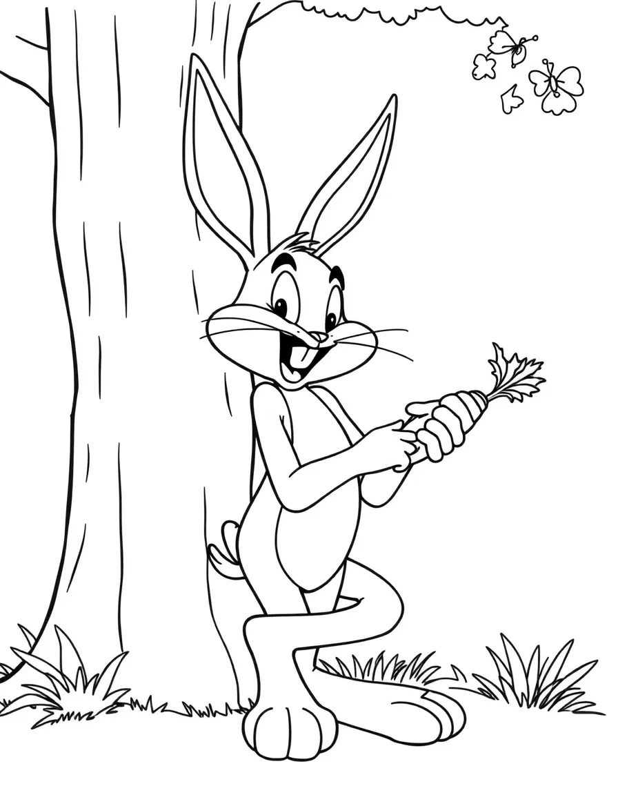 Bugs Bunny casually leaning against a tree, munching on a carrot with his relaxed demeanor