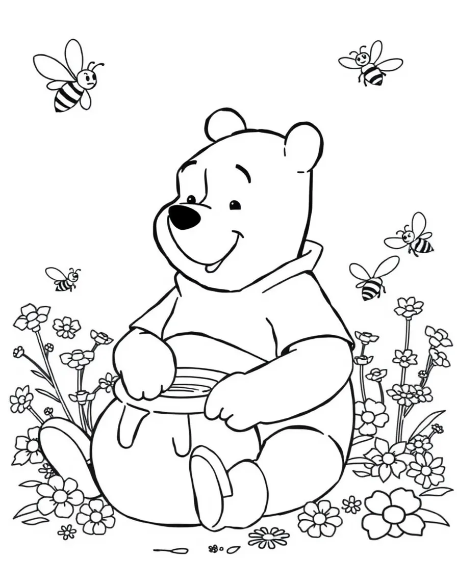 Winnie the Pooh sitting contentedly with a pot of honey, surrounded by bees and flowers