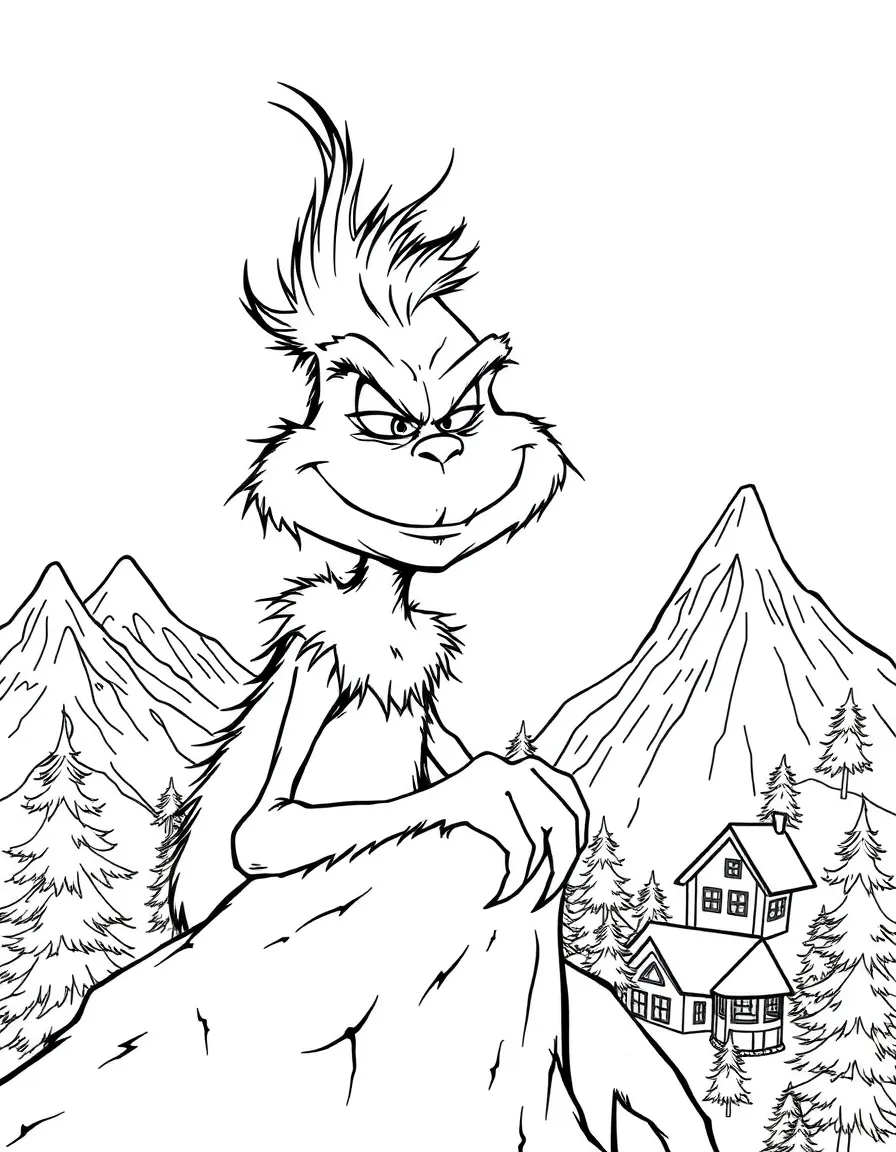 The Grinch with his mischievous smile, plotting in his mountain lair above Whoville