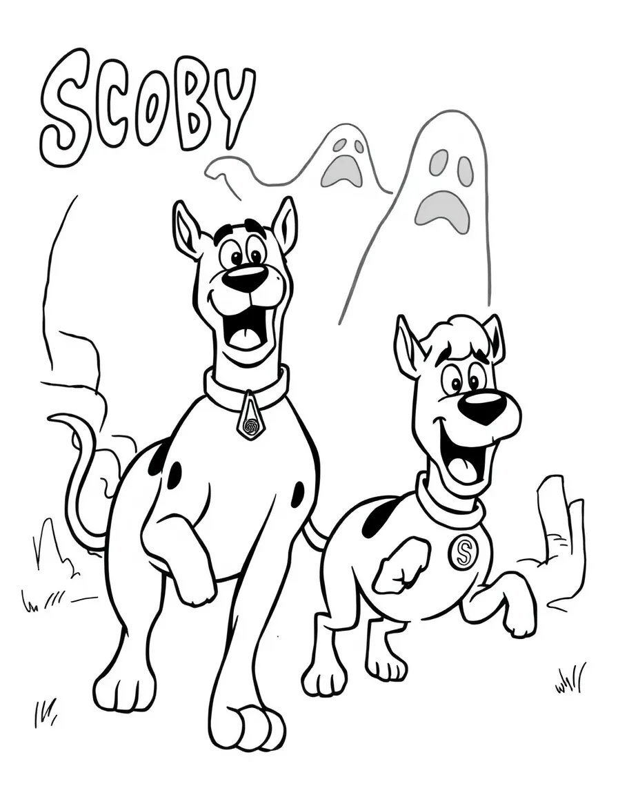 Scooby-Doo and Shaggy running scared with comical expressions, perhaps from an unseen ghost