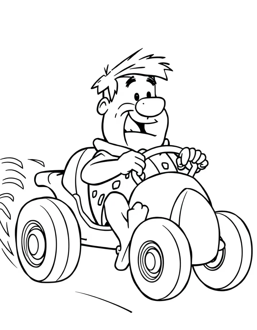 Fred Flintstone driving his foot-powered prehistoric car with a determined expression