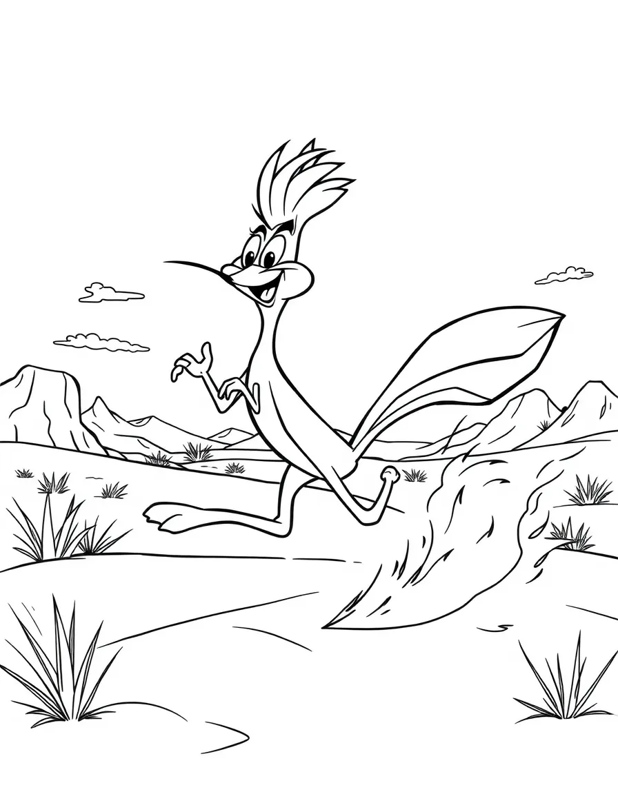 The Road Runner zooming across a desert landscape with dust clouds trailing behind