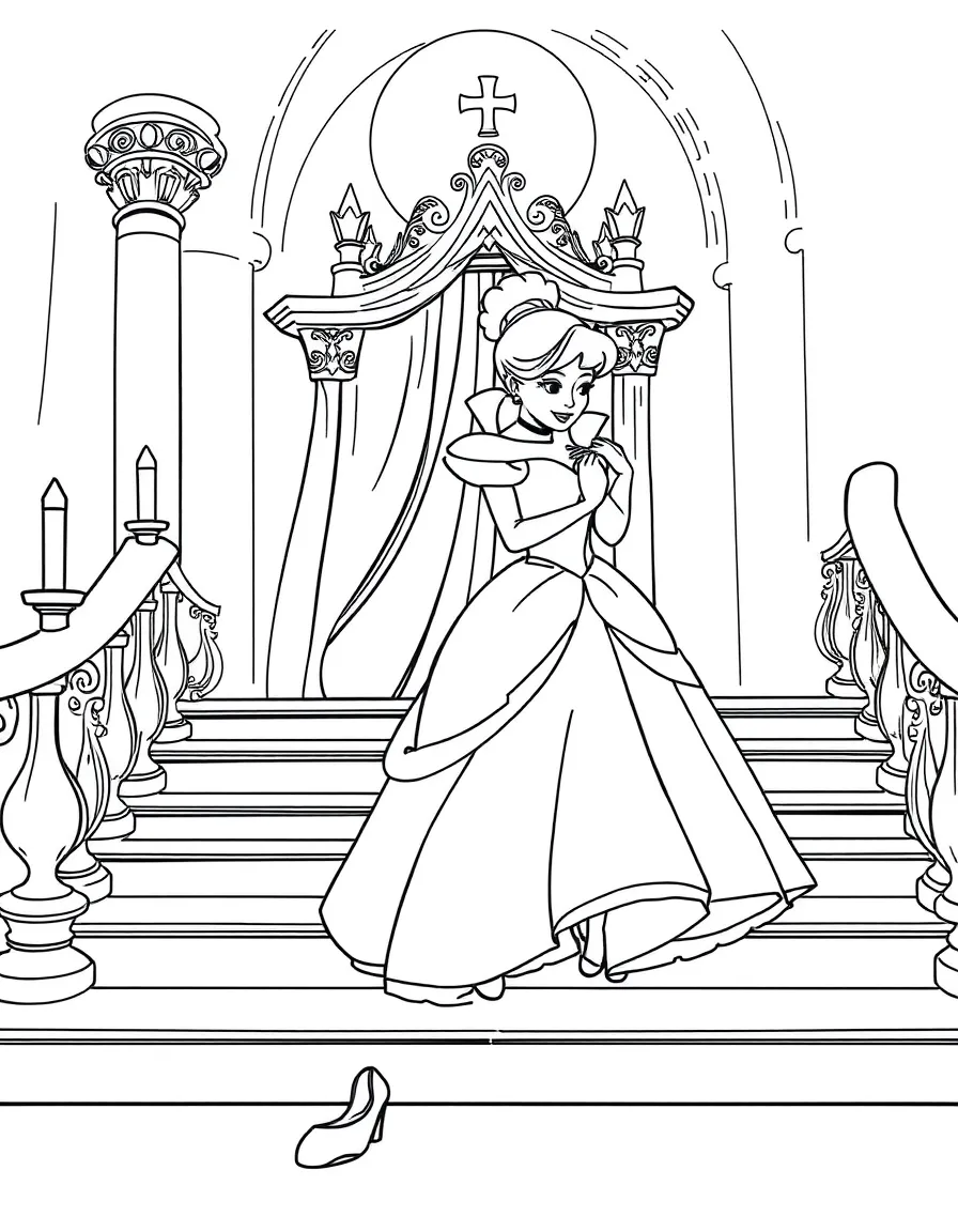 Cinderella at the stroke of midnight, with one glass slipper left behind on the palace steps
