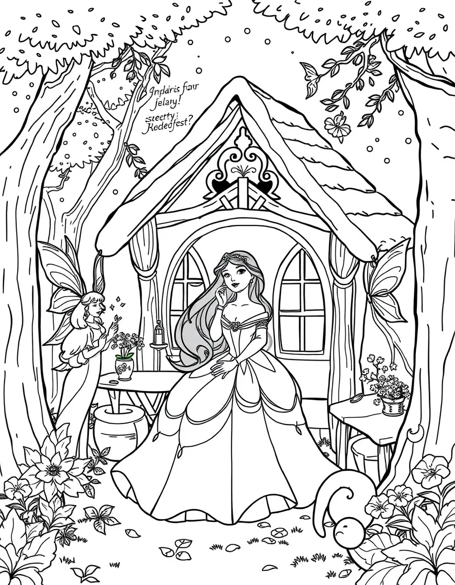Sleeping Beauty (Aurora) in her forest cottage, surrounded by her fairy godmothers