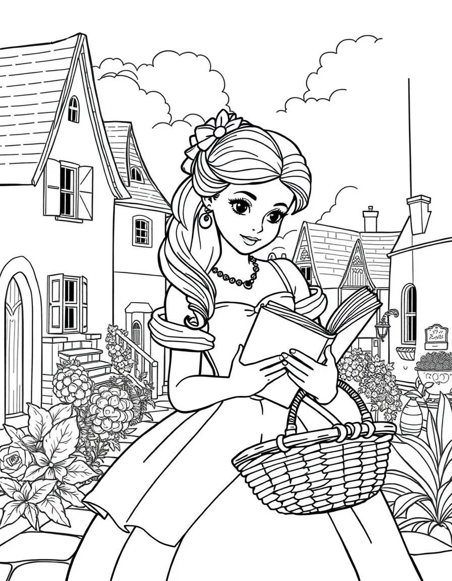 Belle reading a book in the provincial town, with dreamy expression and basket