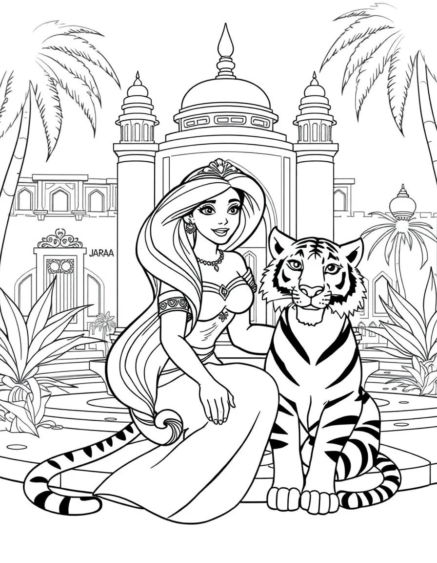 Jasmine and her tiger Rajah sitting by the palace fountain in Agrabah