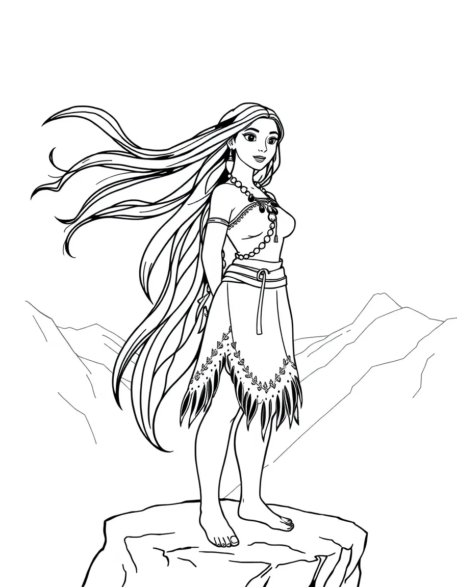 Pocahontas standing on a cliff with her hair blowing in the "colors of the wind"