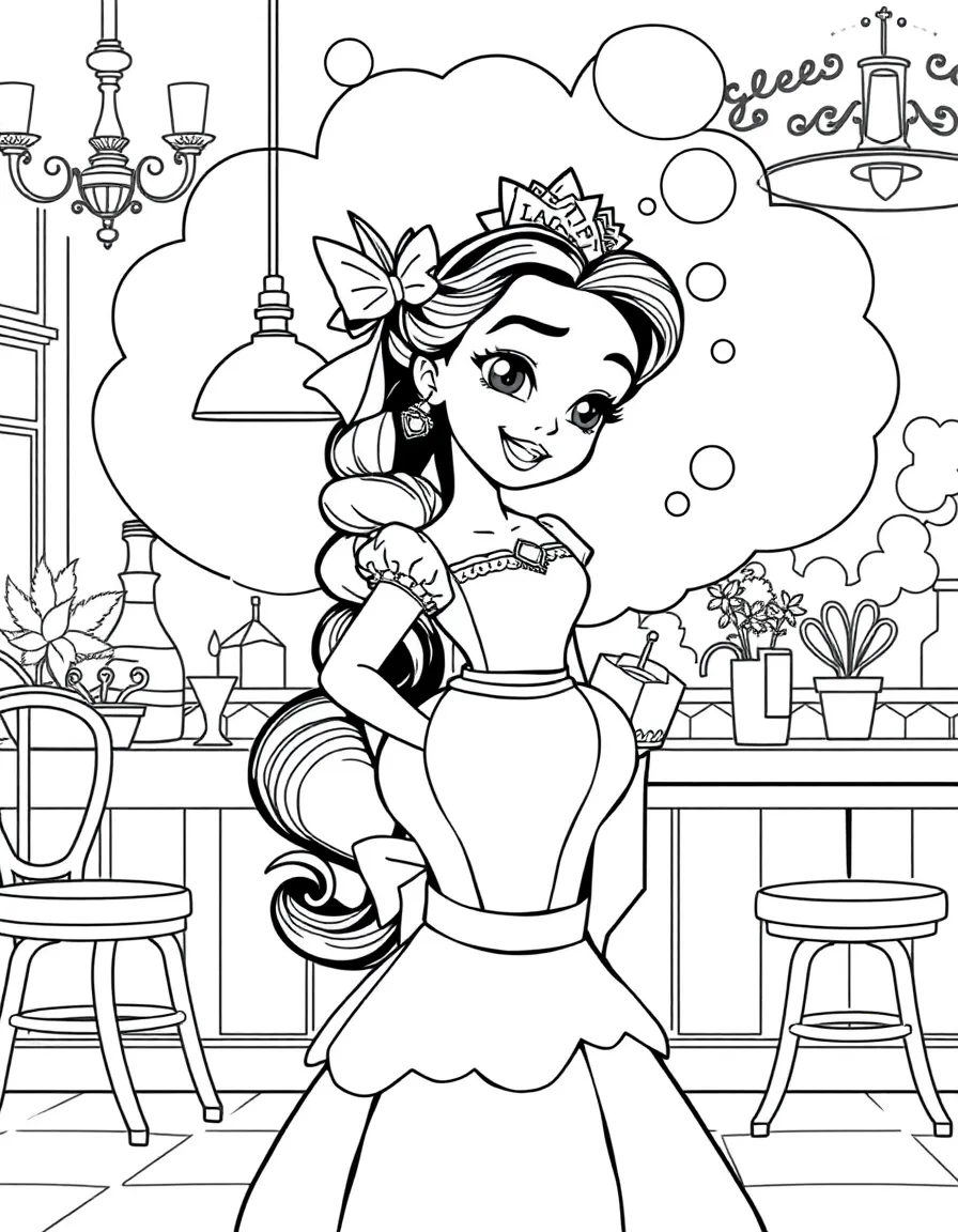 Tiana in her waitress outfit dreaming of her future restaurant