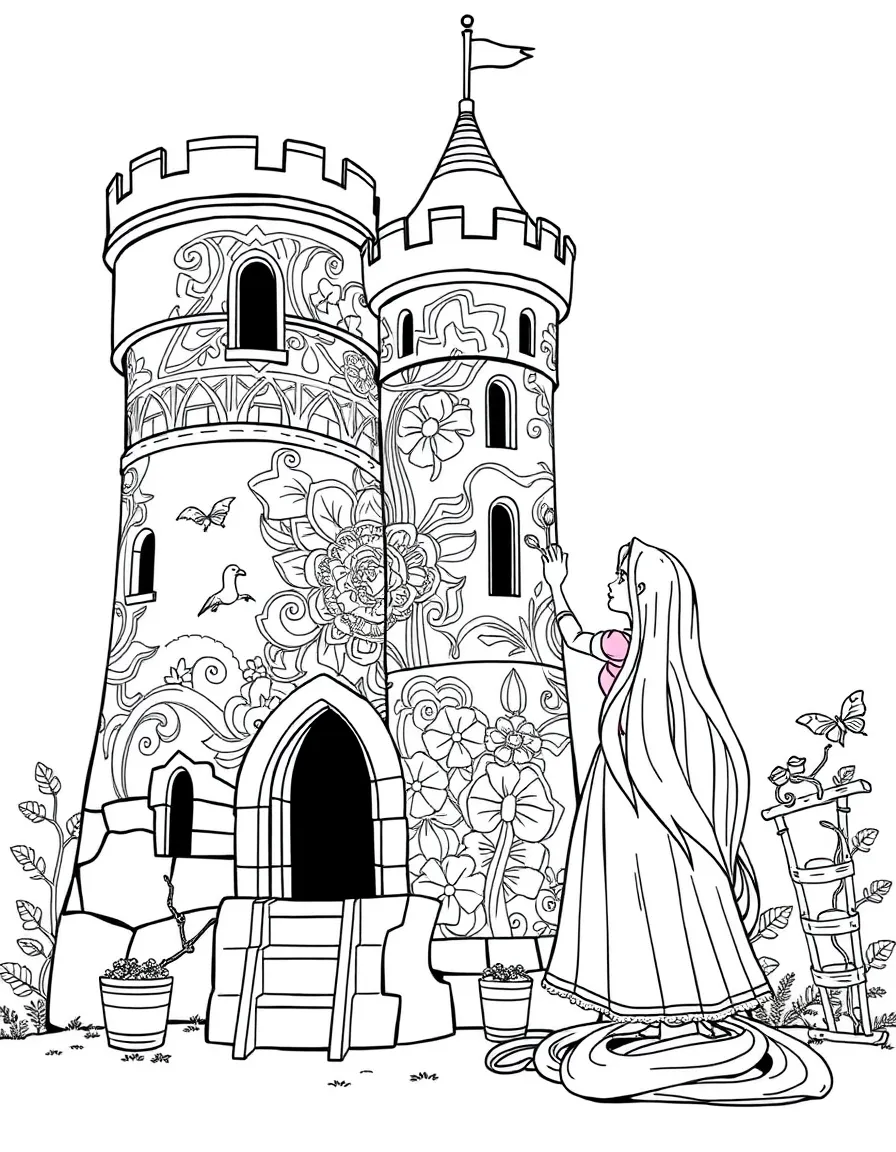 Rapunzel painting the walls of her tower with colorful murals
