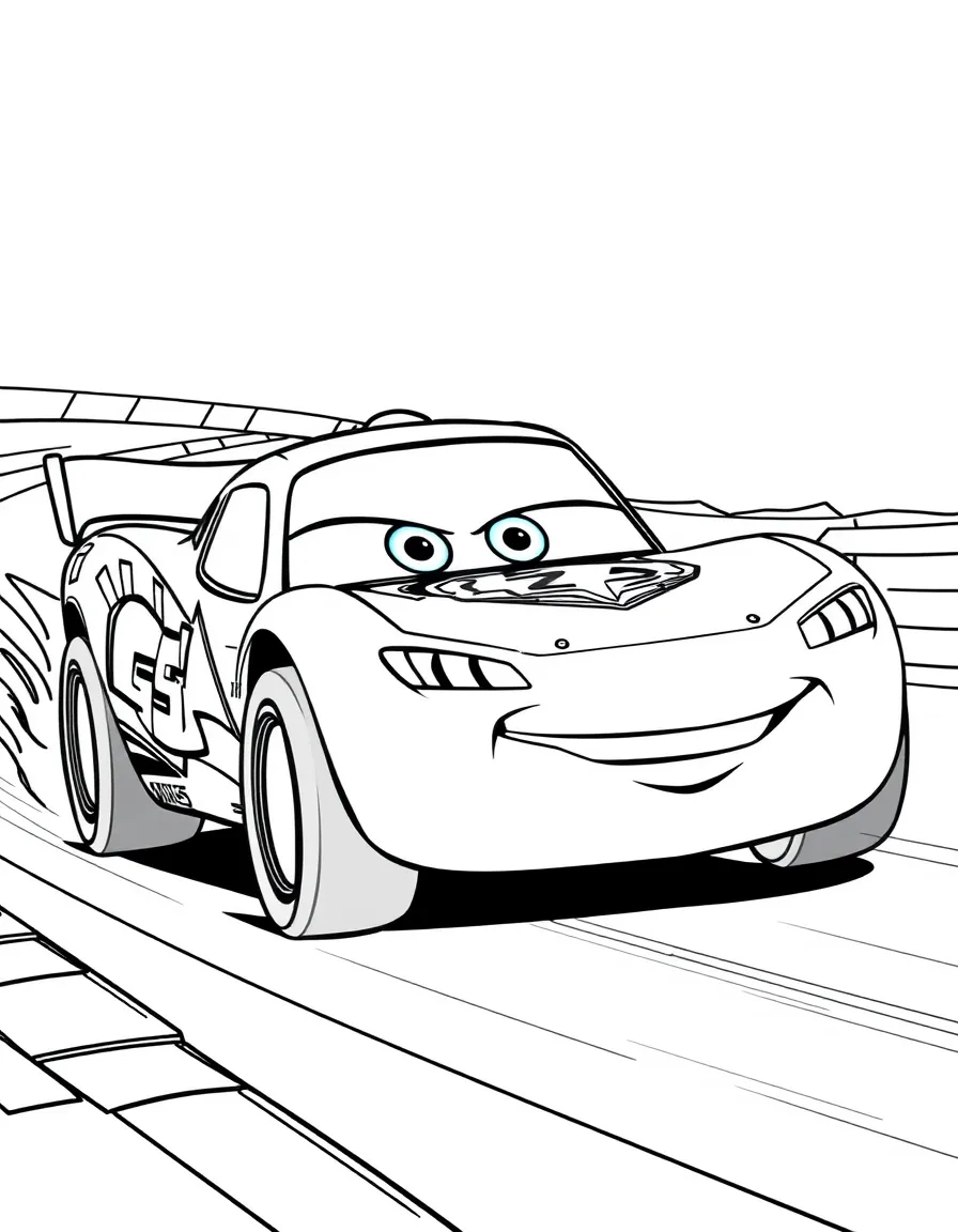 Lightning McQueen racing around a track with determined expression