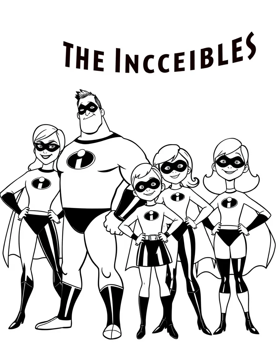 The Incredibles family in their superhero poses and matching outfits