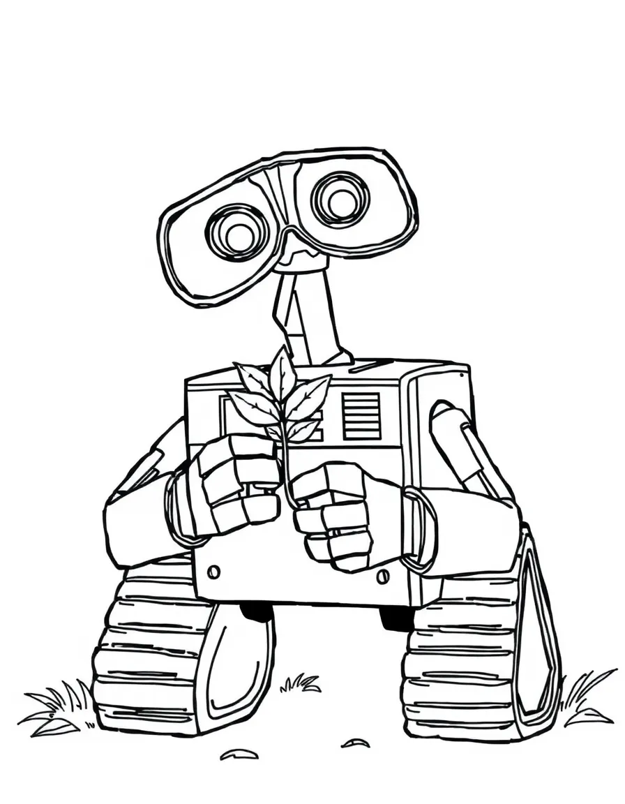WALL-E holding a plant in his compactor hands, looking hopeful