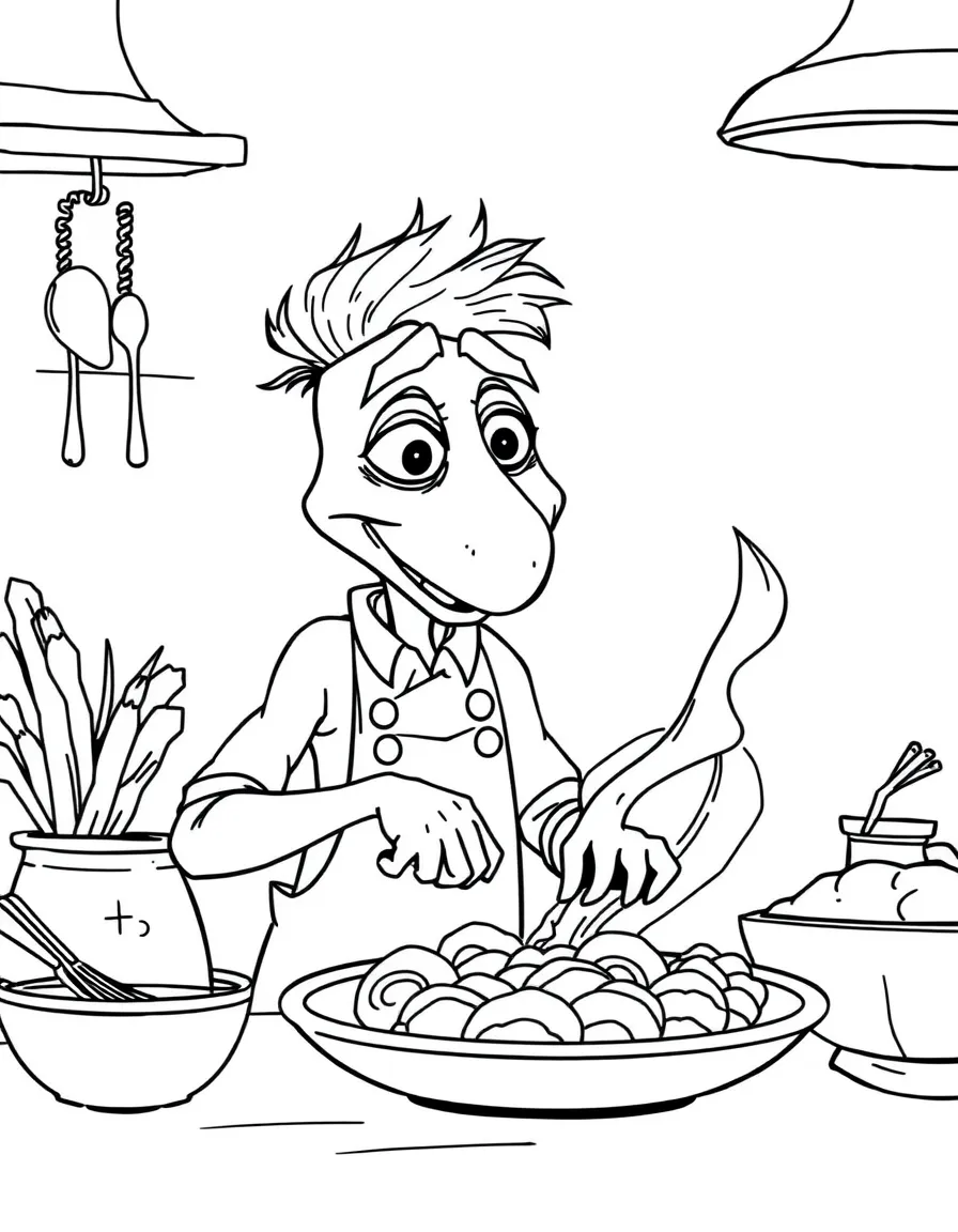 Remy from Ratatouille creating a gourmet dish with passionate concentration