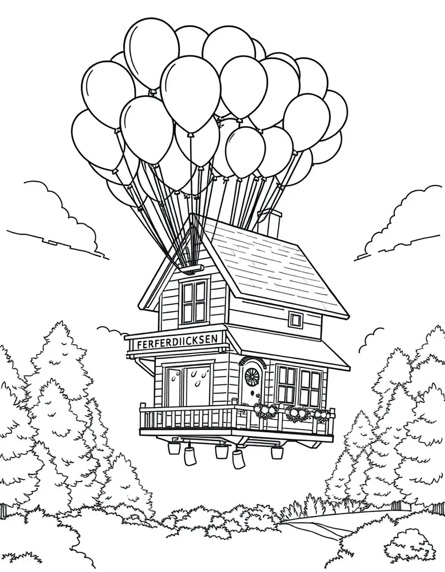 Carl Fredricksen's house from Up floating with thousands of balloons
