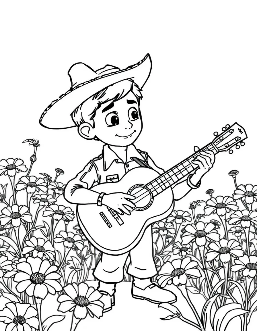Miguel from Coco playing his guitar in the land of the dead with marigold petals