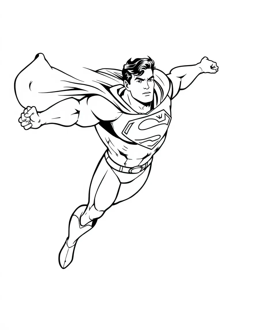 Superman flying through the sky with his cape billowing behind him