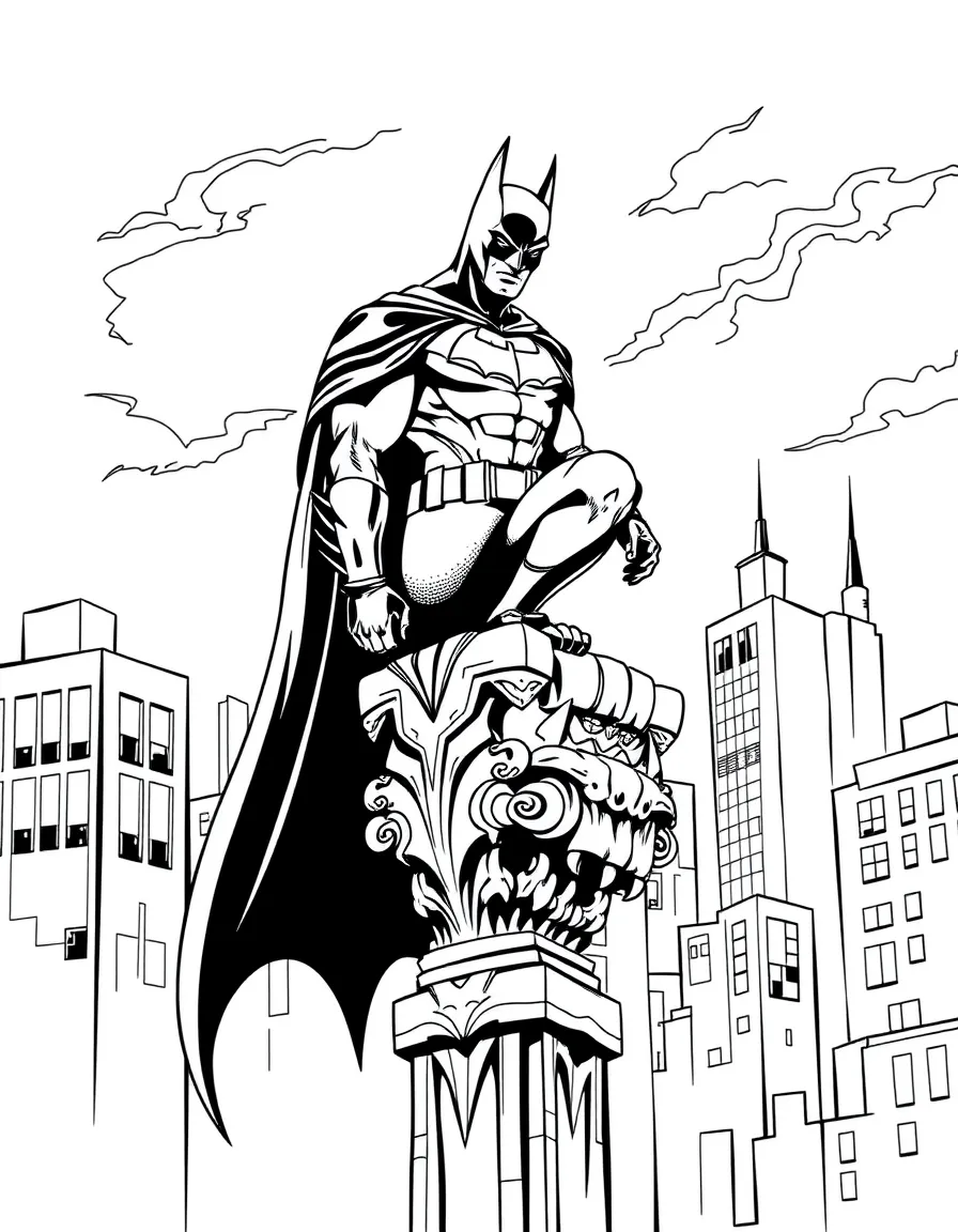 Batman perched on a Gotham City gargoyle at night, vigilant and brooding