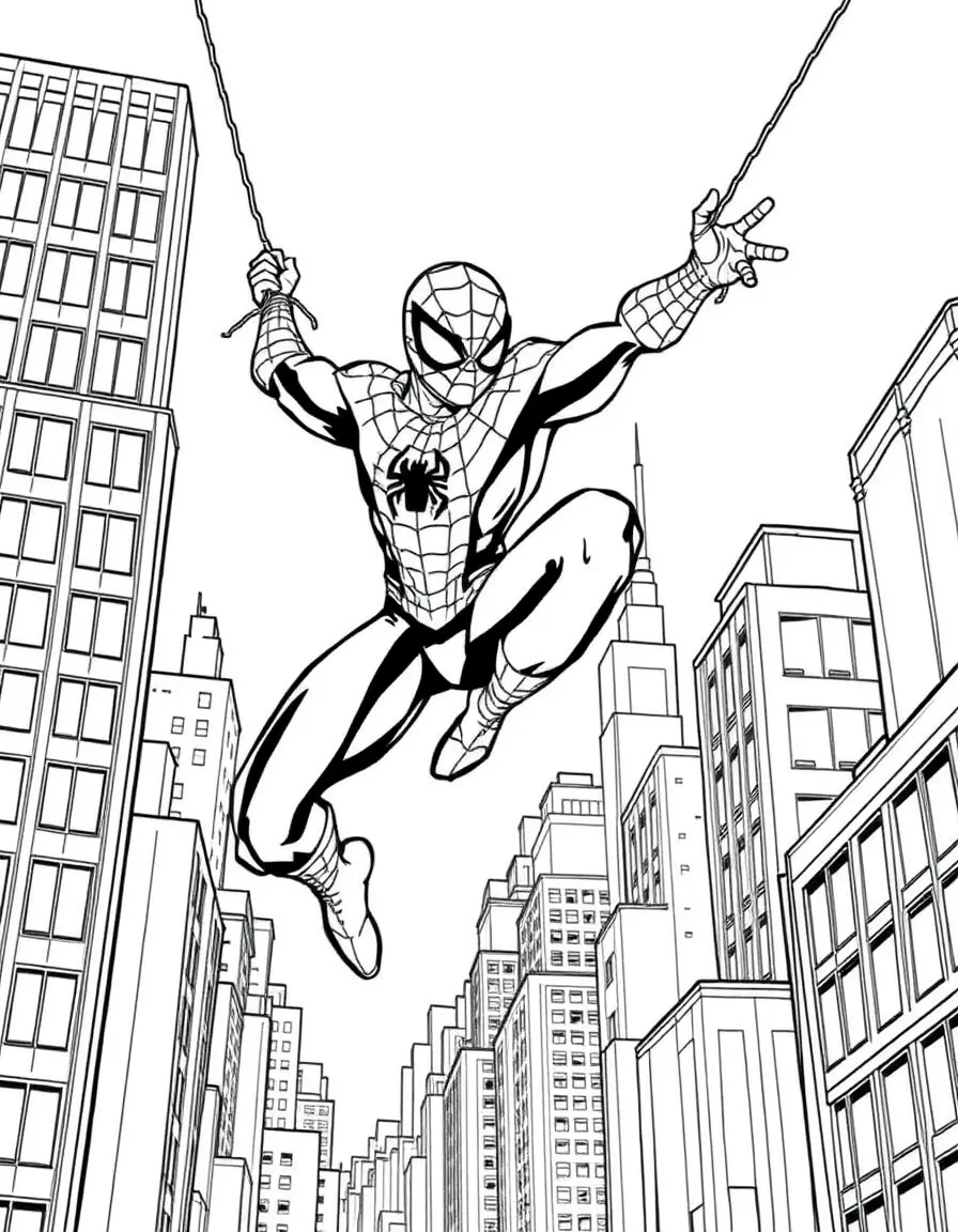 Spider-Man swinging between New York skyscrapers on his web