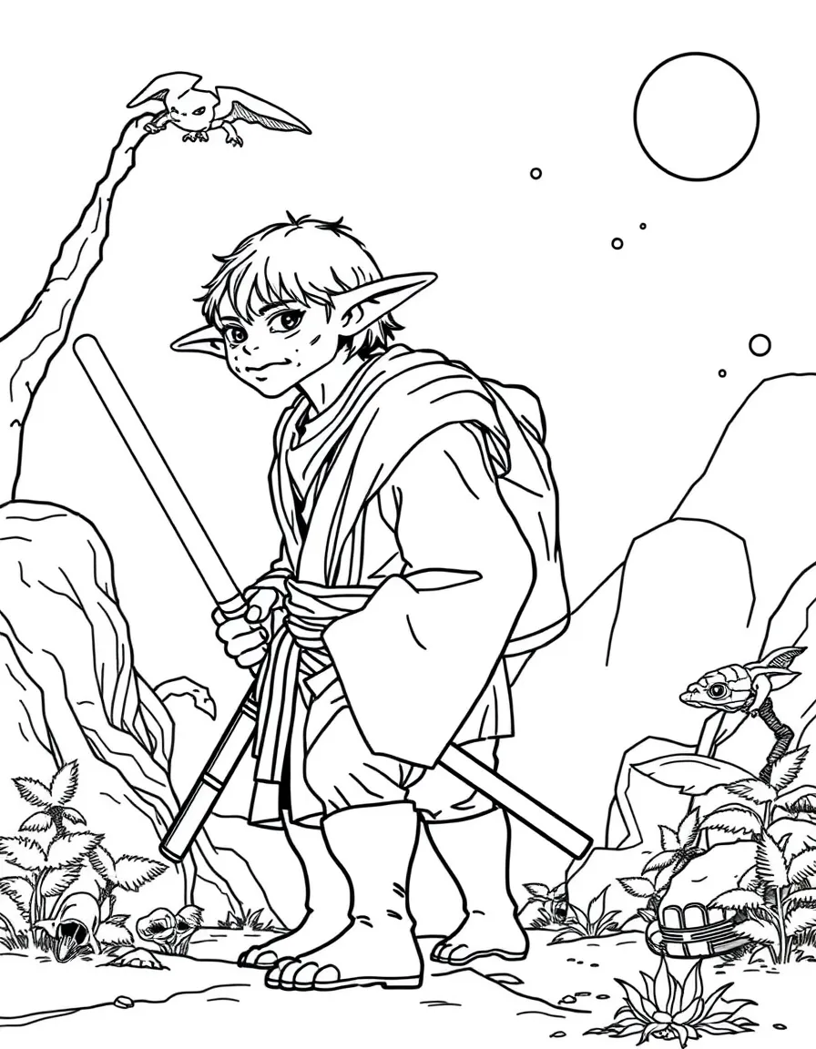 Luke Skywalker training with Yoda on his back in the Dagobah system