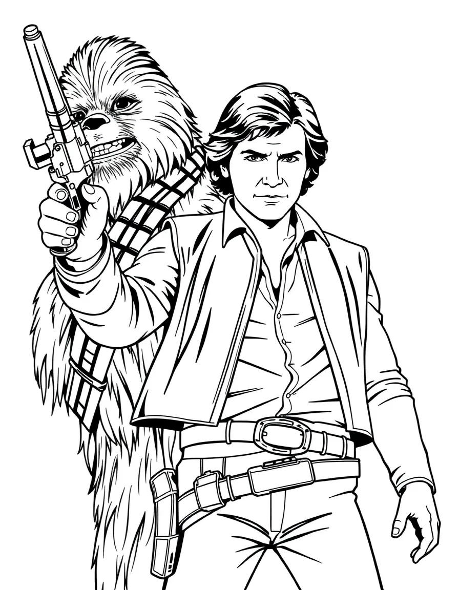 Han Solo with his blaster drawn, Chewbacca at his side