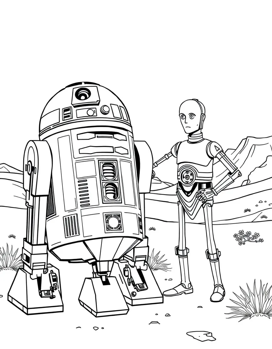 R2-D2 and C-3PO in the Tatooine desert looking concerned