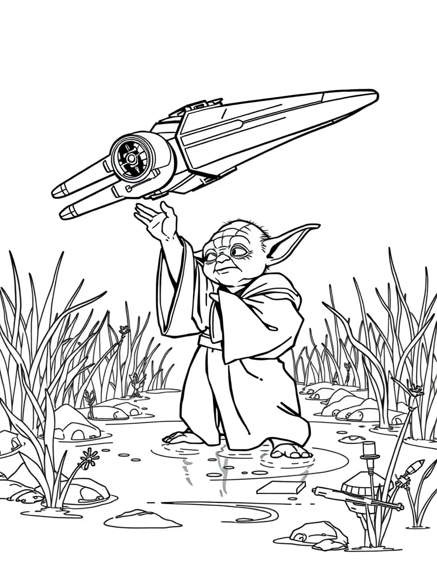 Yoda using the Force to lift an X-wing from the swamp