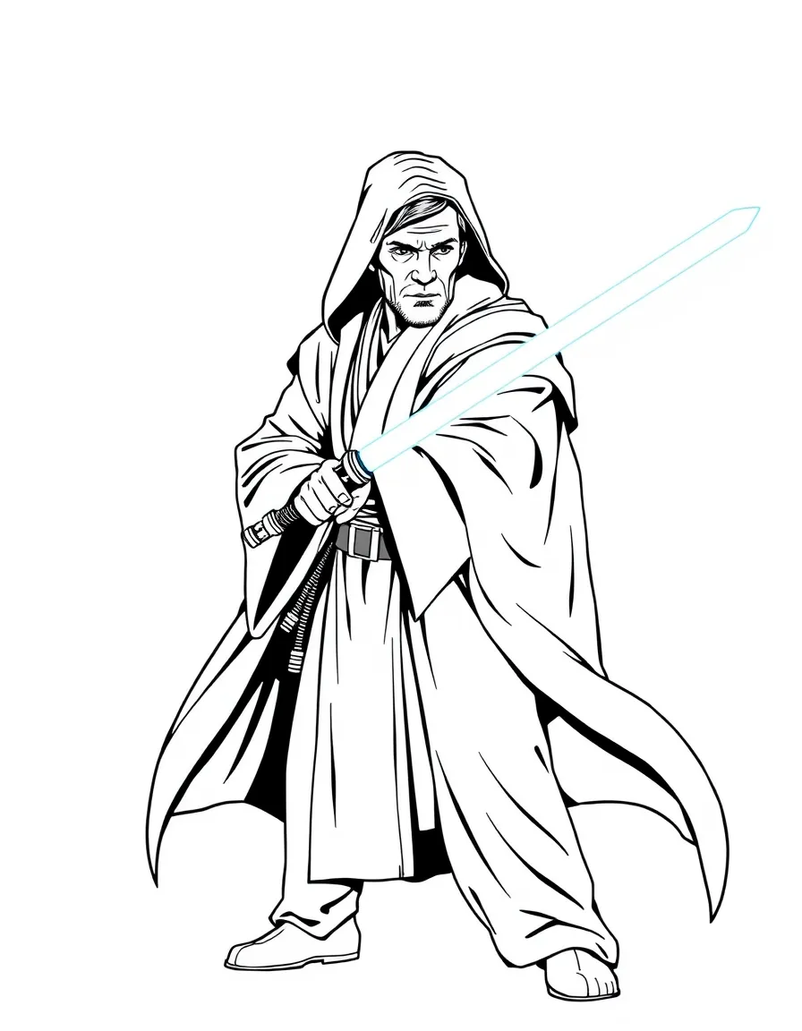 Obi-Wan Kenobi in his Jedi robes with lightsaber drawn