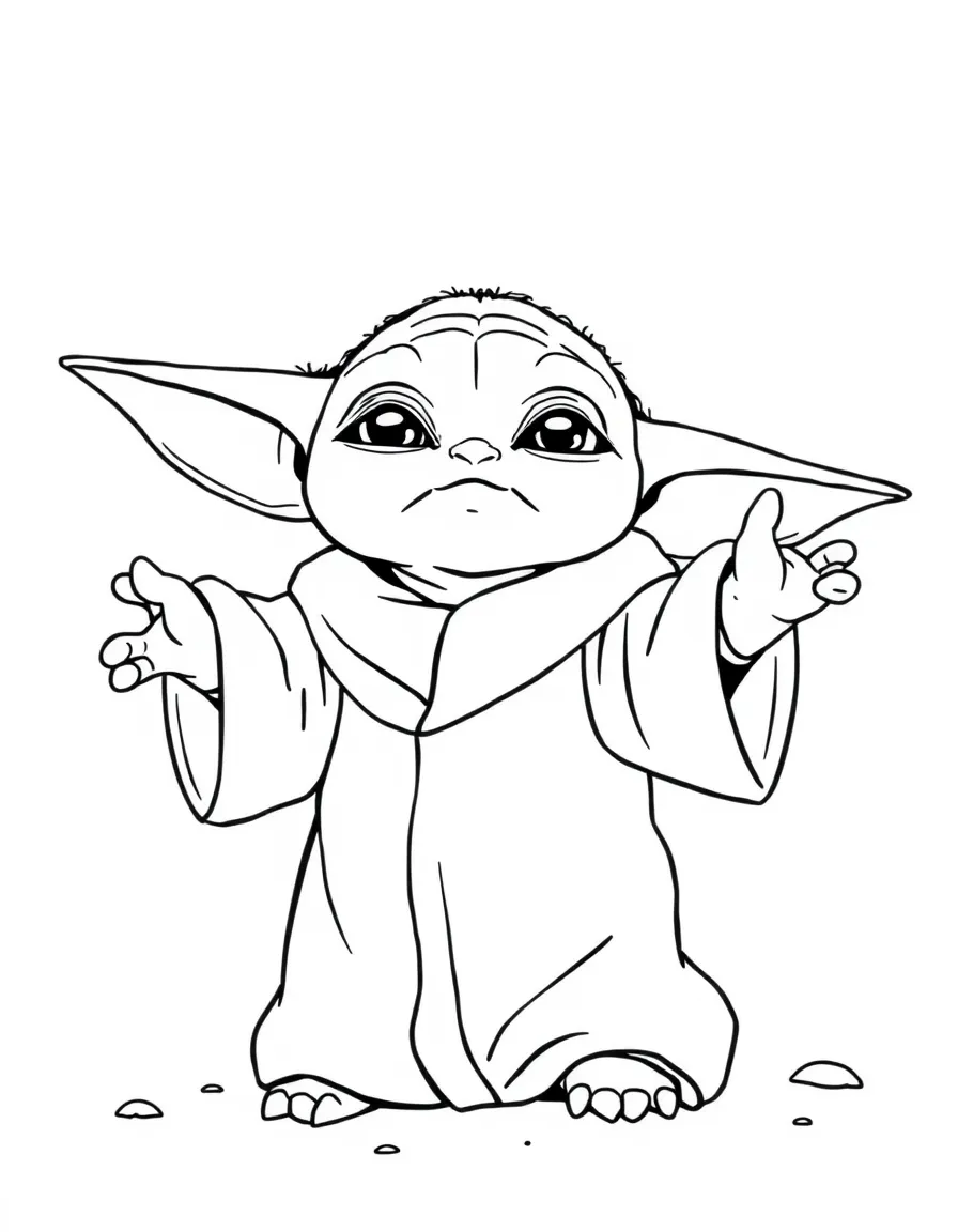 Baby Yoda (Grogu) reaching out with the Force, his big ears perked up
