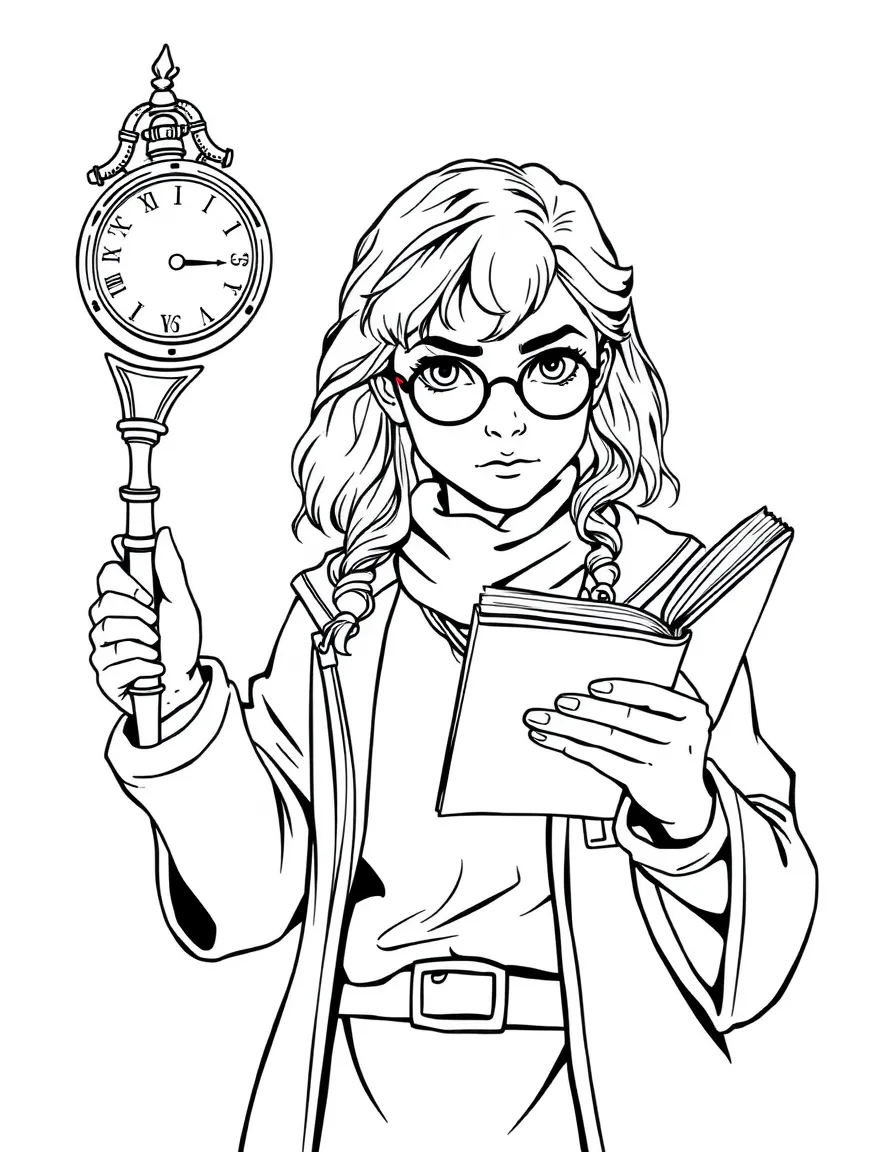 Hermione Granger with her time-turner and spellbook, looking determined