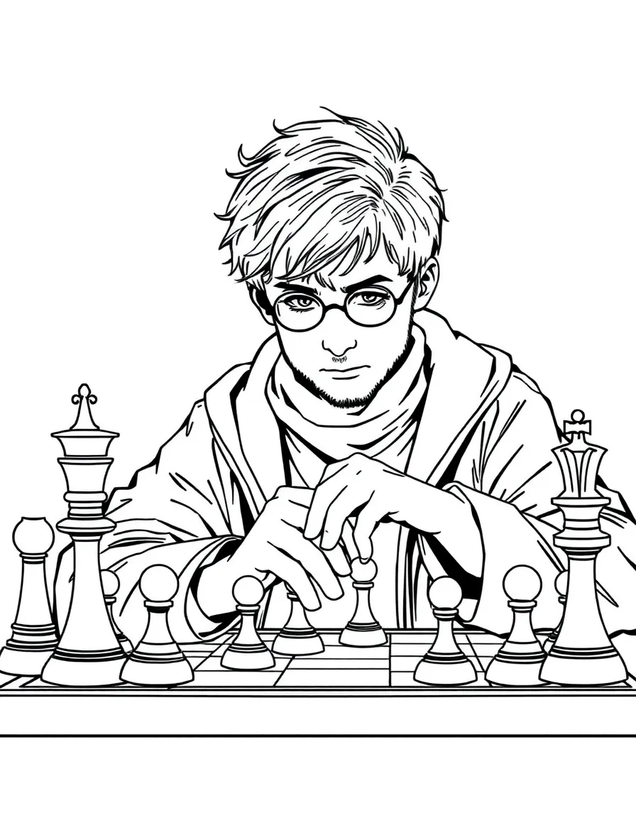Ron Weasley playing wizard chess with intense concentration