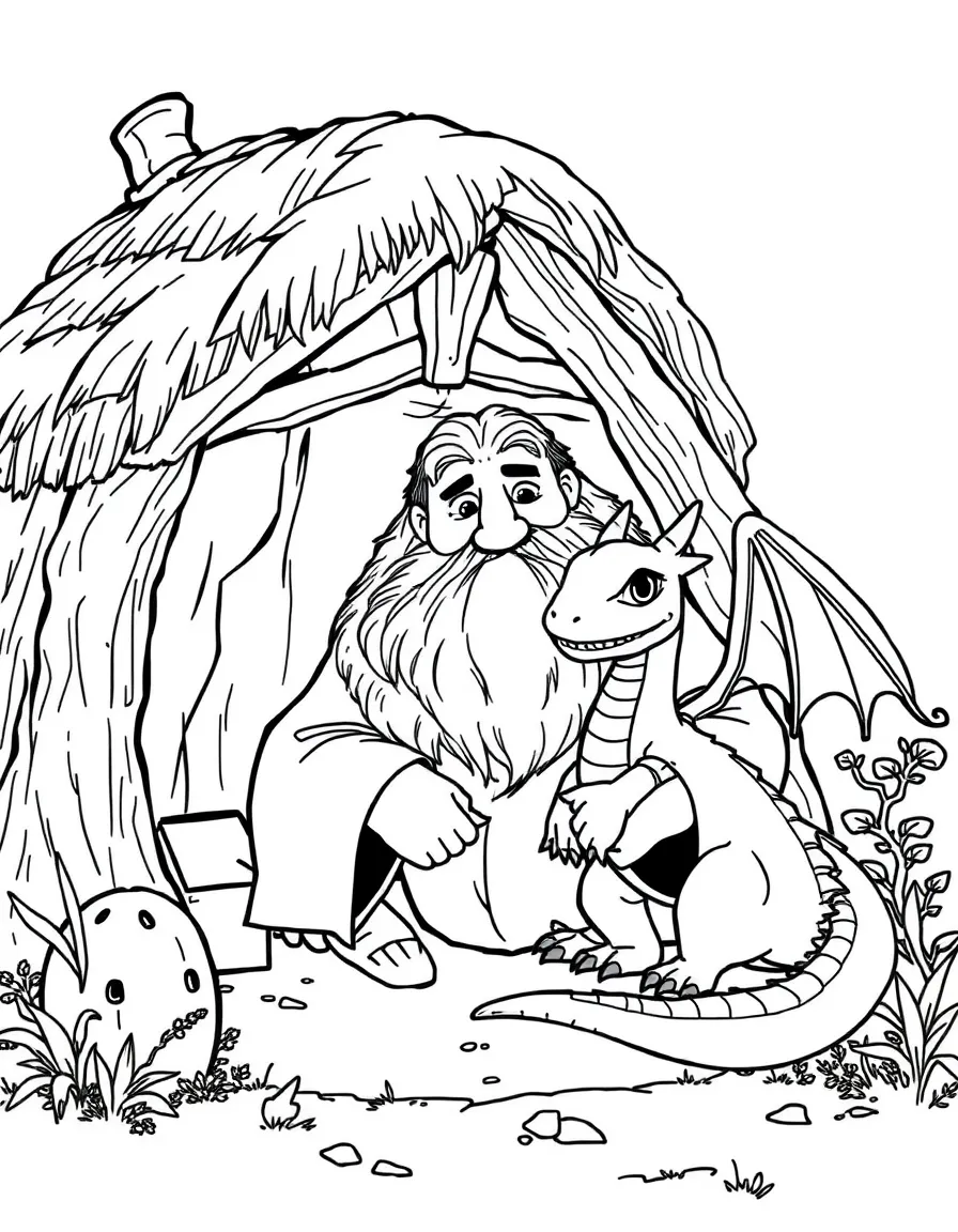 Hagrid with baby Norbert the dragon in his hut