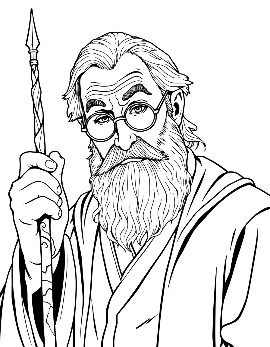 Albus Dumbledore with the Elder Wand, his half-moon spectacles gleaming