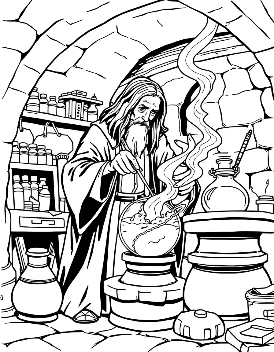 Severus Snape brewing a complex potion in his dungeon classroom