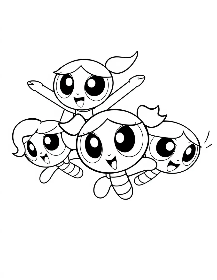The Powerpuff Girls flying in formation with determined expressions