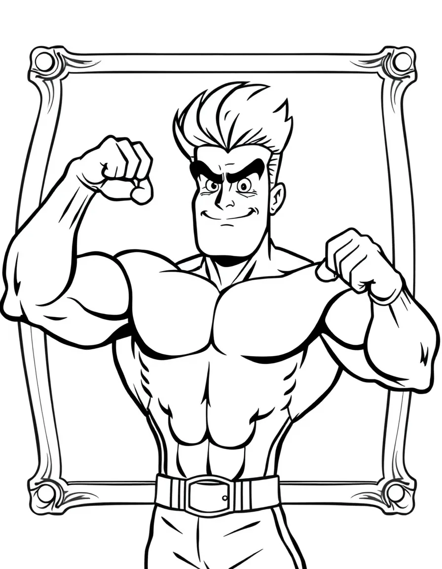 Johnny Bravo flexing his muscles in front of a mirror