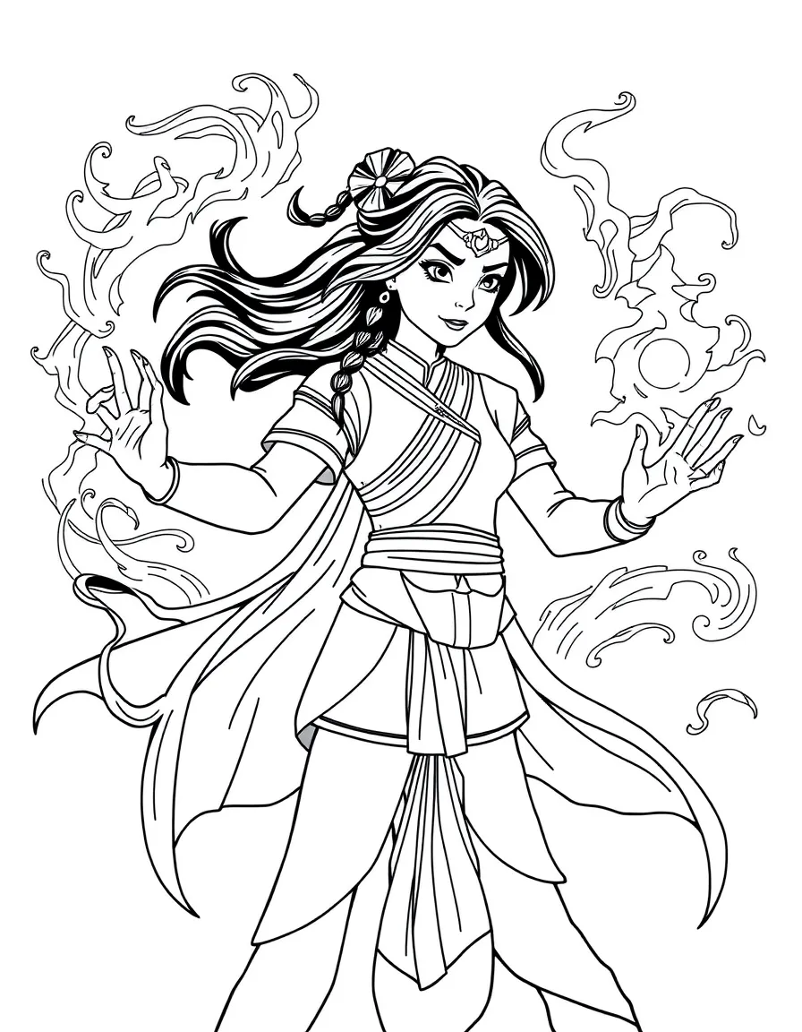 Korra in the Avatar state with all elements swirling around her