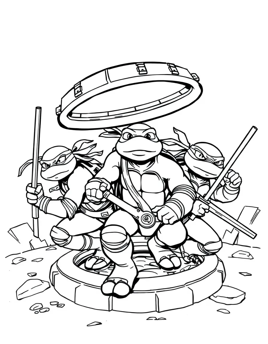 The Ninja Turtles emerging from a manhole cover, weapons ready