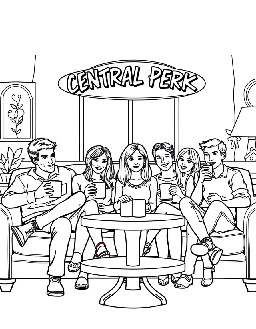 The cast of Friends sitting on the Central Perk couch with coffee mugs