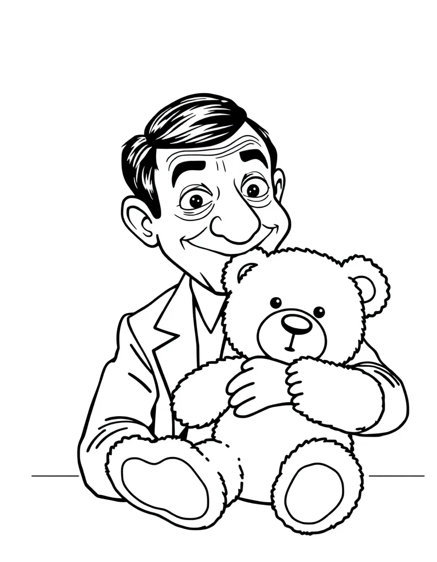Mr. Bean with his teddy bear in a comical situation