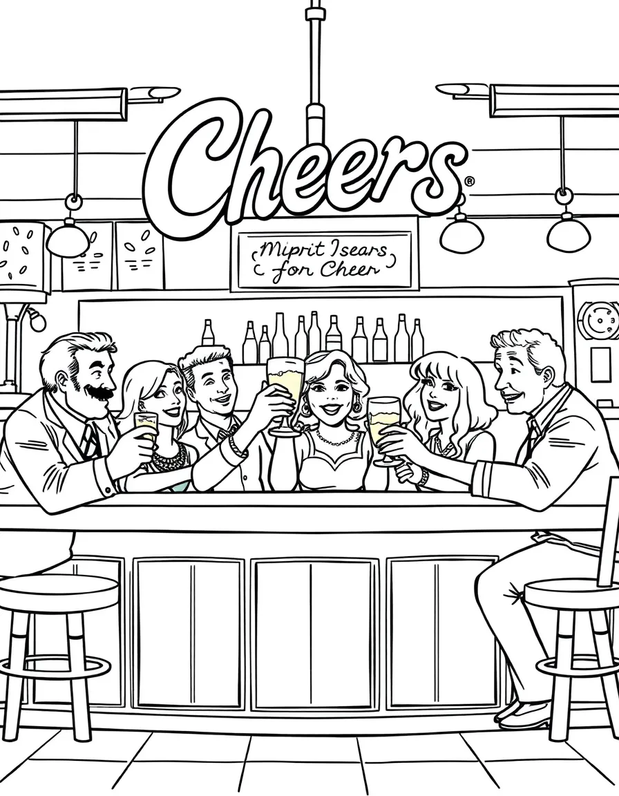 The cast of Cheers behind the bar raising glasses in a toast