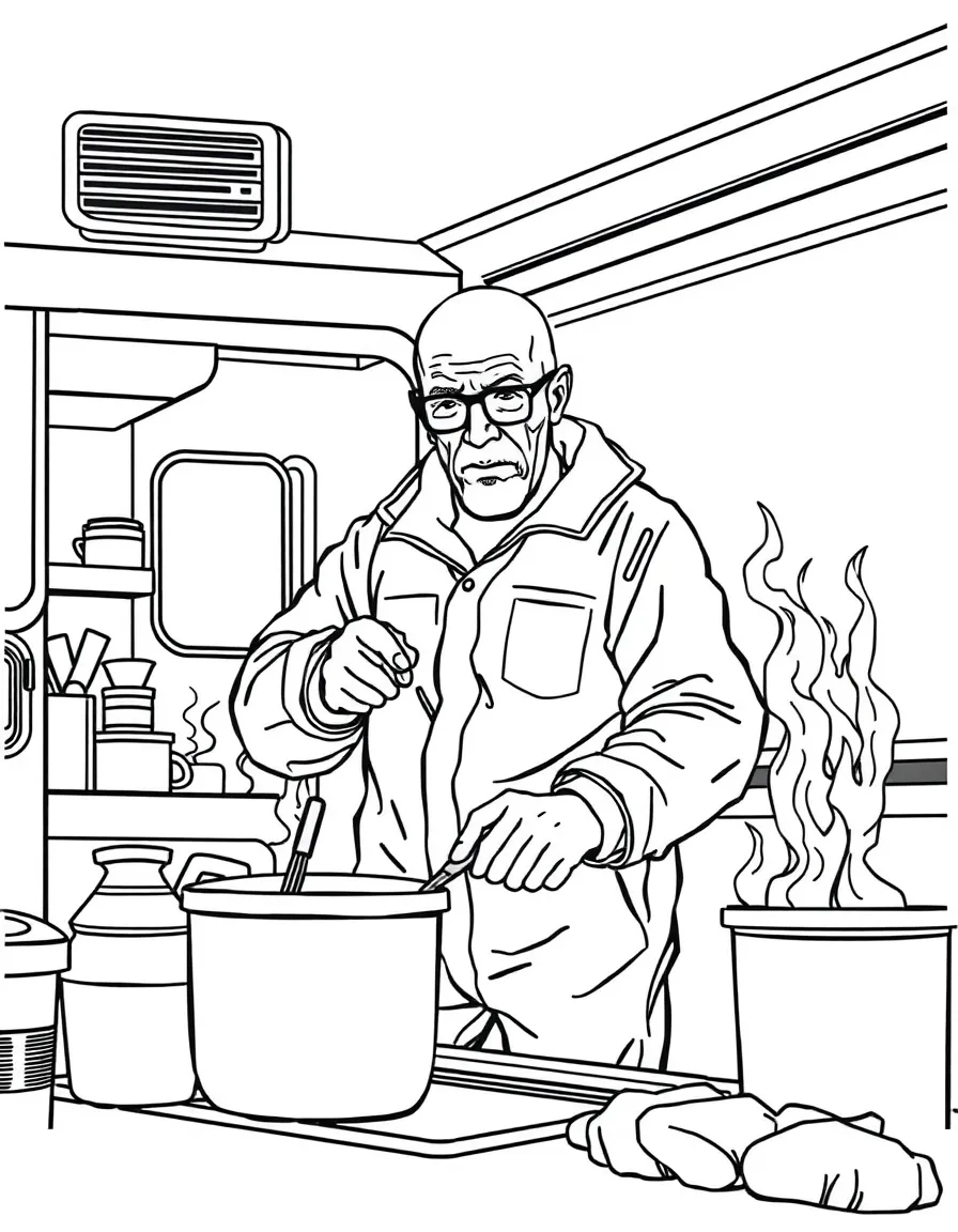 Walter White from Breaking Bad in his hazmat suit cooking in the RV
