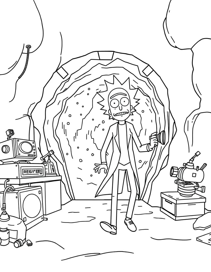 Rick and Morty stepping through a dimensional portal with scientific equipment