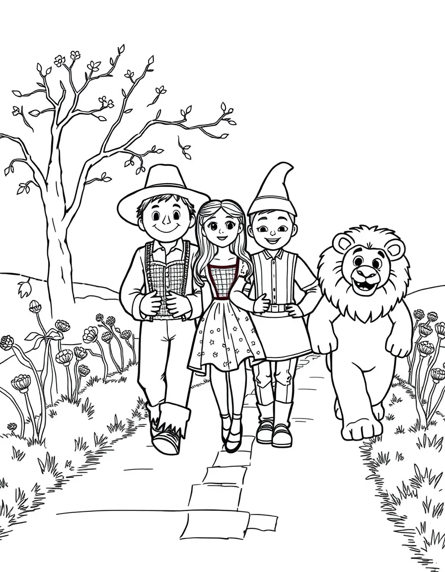 Dorothy, Scarecrow, Tin Man, and Cowardly Lion walking the Yellow Brick Road