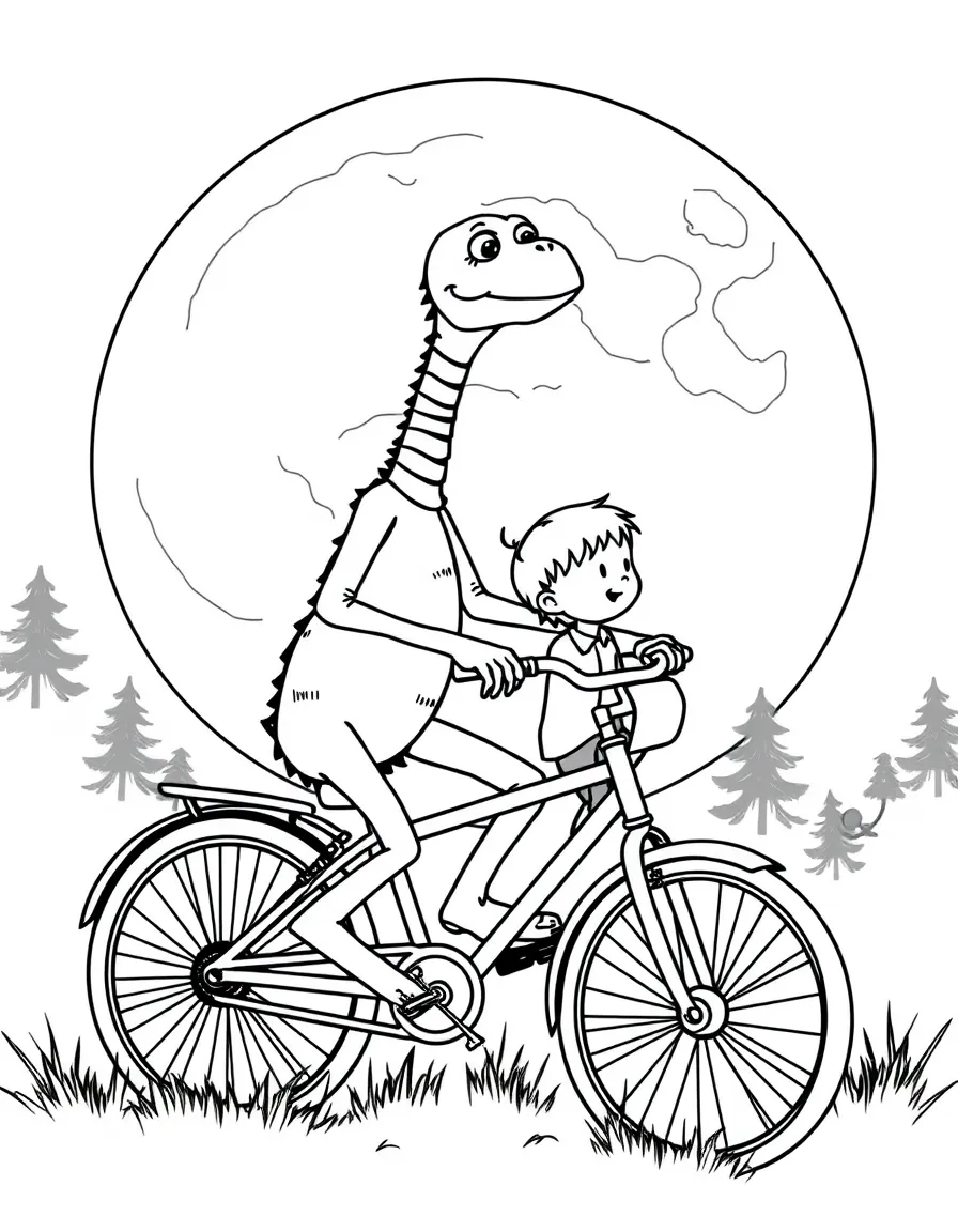 E.T. and Elliott on a bicycle silhouetted against the moon