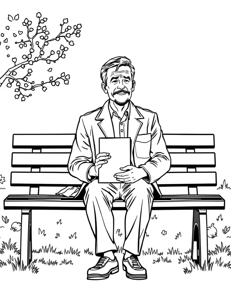 Forrest Gump sitting on his bench with a box of chocolates