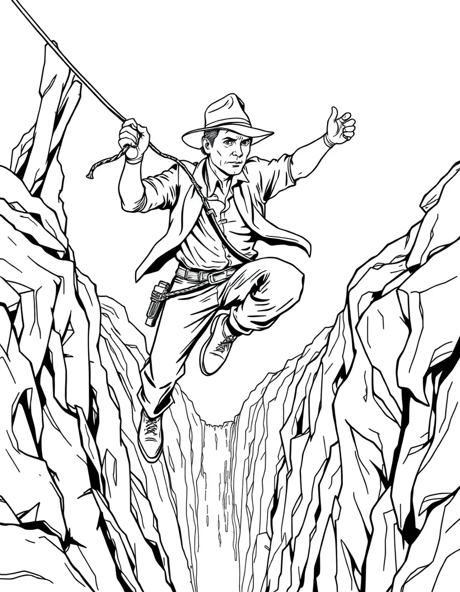 Indiana Jones swinging on his whip over a chasm