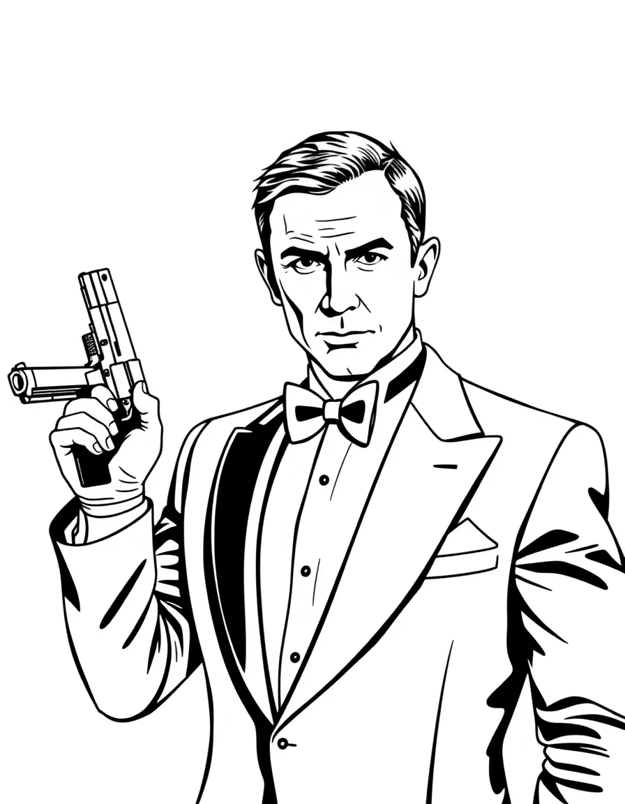 James Bond in a tuxedo with his Walther PPK ready