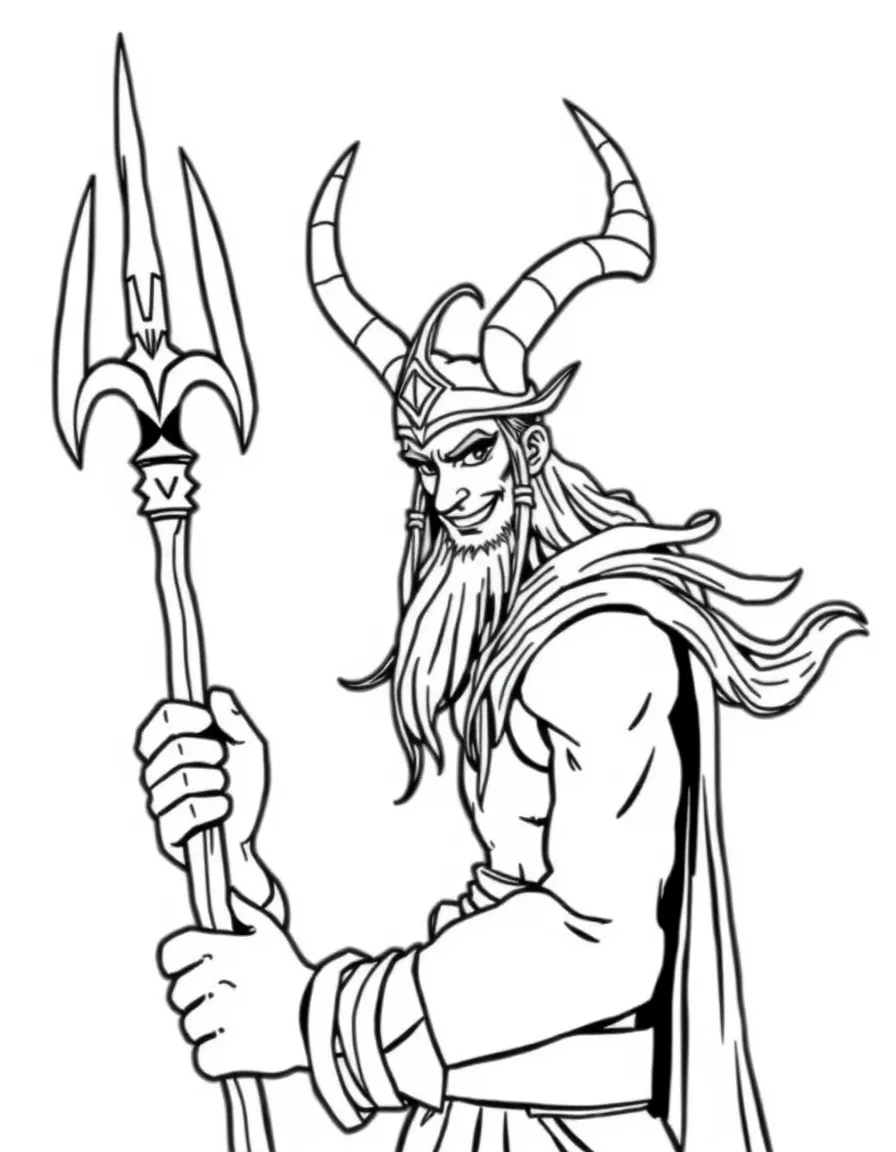 Loki with his horned helmet and staff, mischievous smile