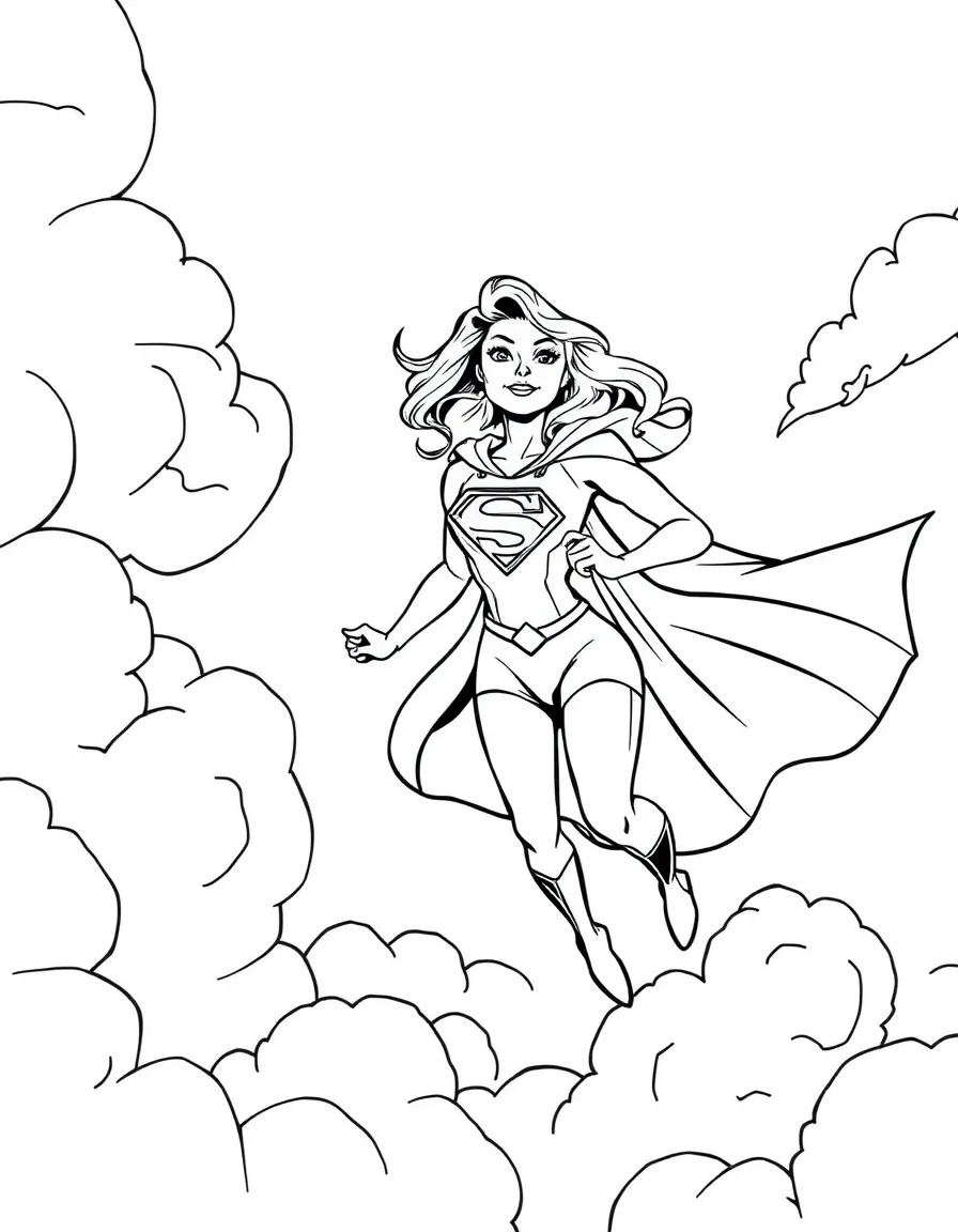 Supergirl flying through clouds with hopeful expression